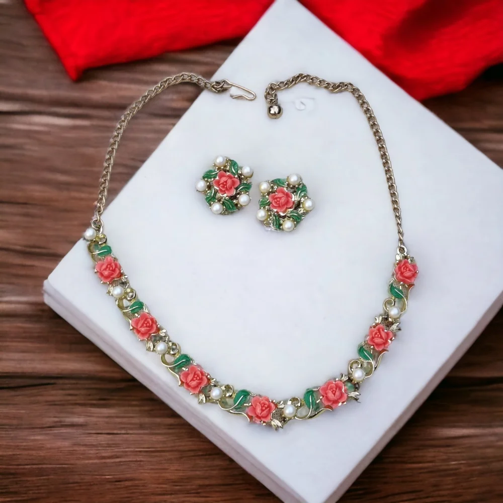 Vintage Coral Rose and Pearl Necklace with Matching Earrings